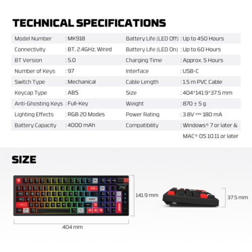 Fantech MK918 ATOM PRO97 Bluetooth, Wireless & Wired Keyboard