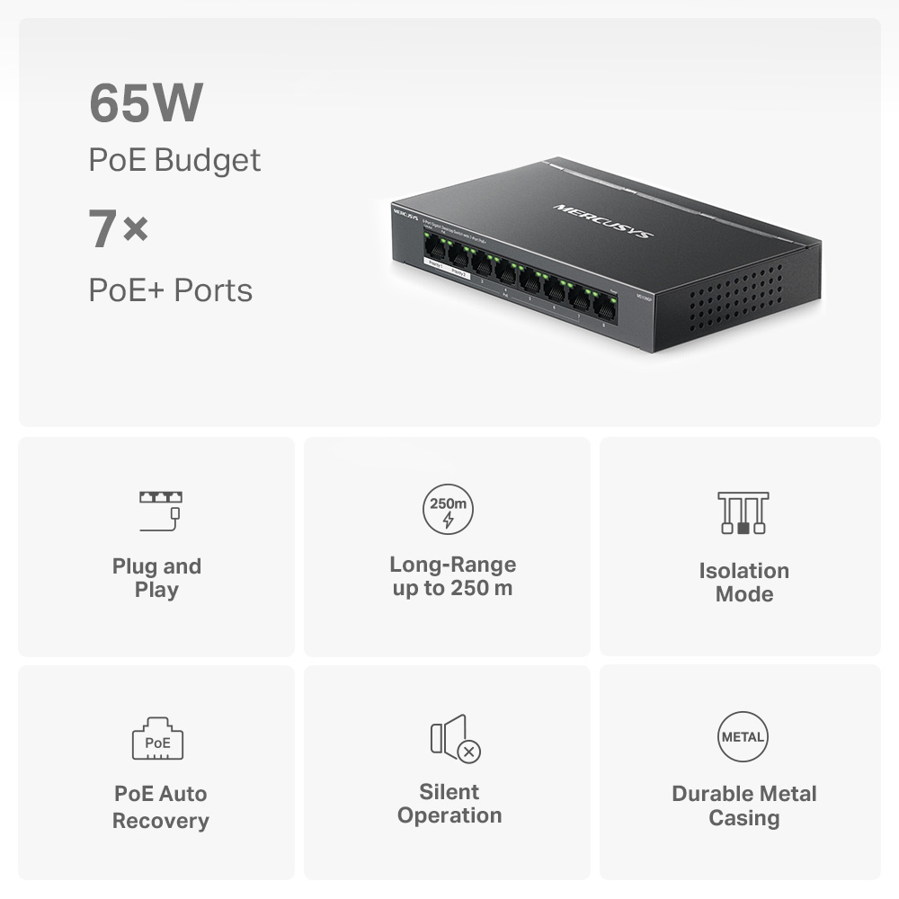 Mercusys 8-Port Gigabit Desktop Switch with 7-Port PoE+ – MS108GP Mercusys 8-Port Gigabit Desktop Switch with 7-Port PoE+ – MS108GP