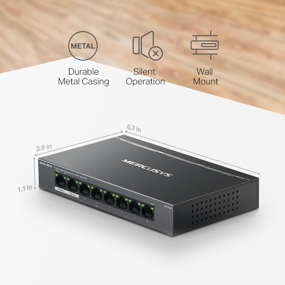 Mercusys 8-Port Gigabit Desktop Switch with 7-Port PoE+ – MS108GP Mercusys 8-Port Gigabit Desktop Switch with 7-Port PoE+ – MS108GP