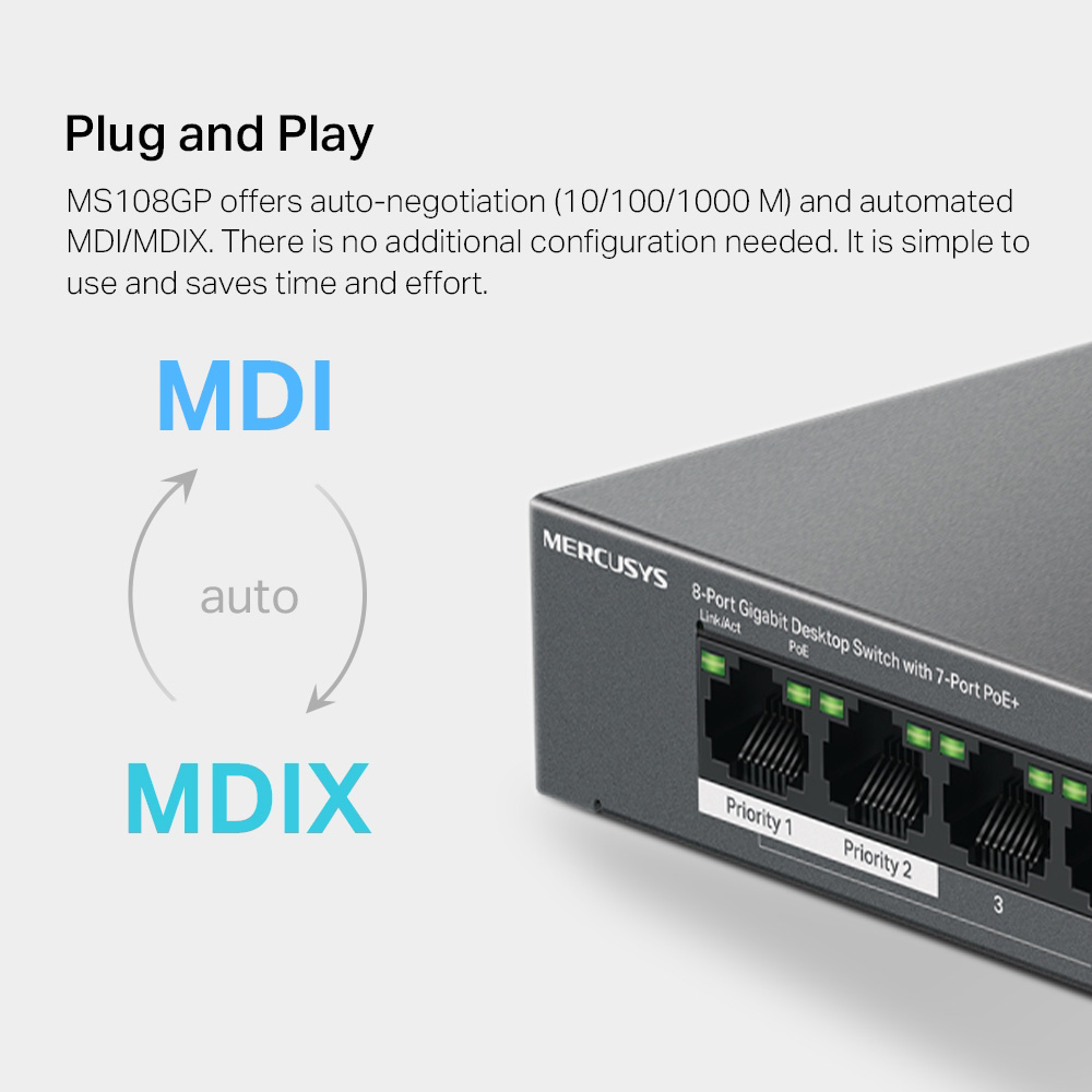 Mercusys 8-Port Gigabit Desktop Switch with 7-Port PoE+ – MS108GP Mercusys 8-Port Gigabit Desktop Switch with 7-Port PoE+ – MS108GP