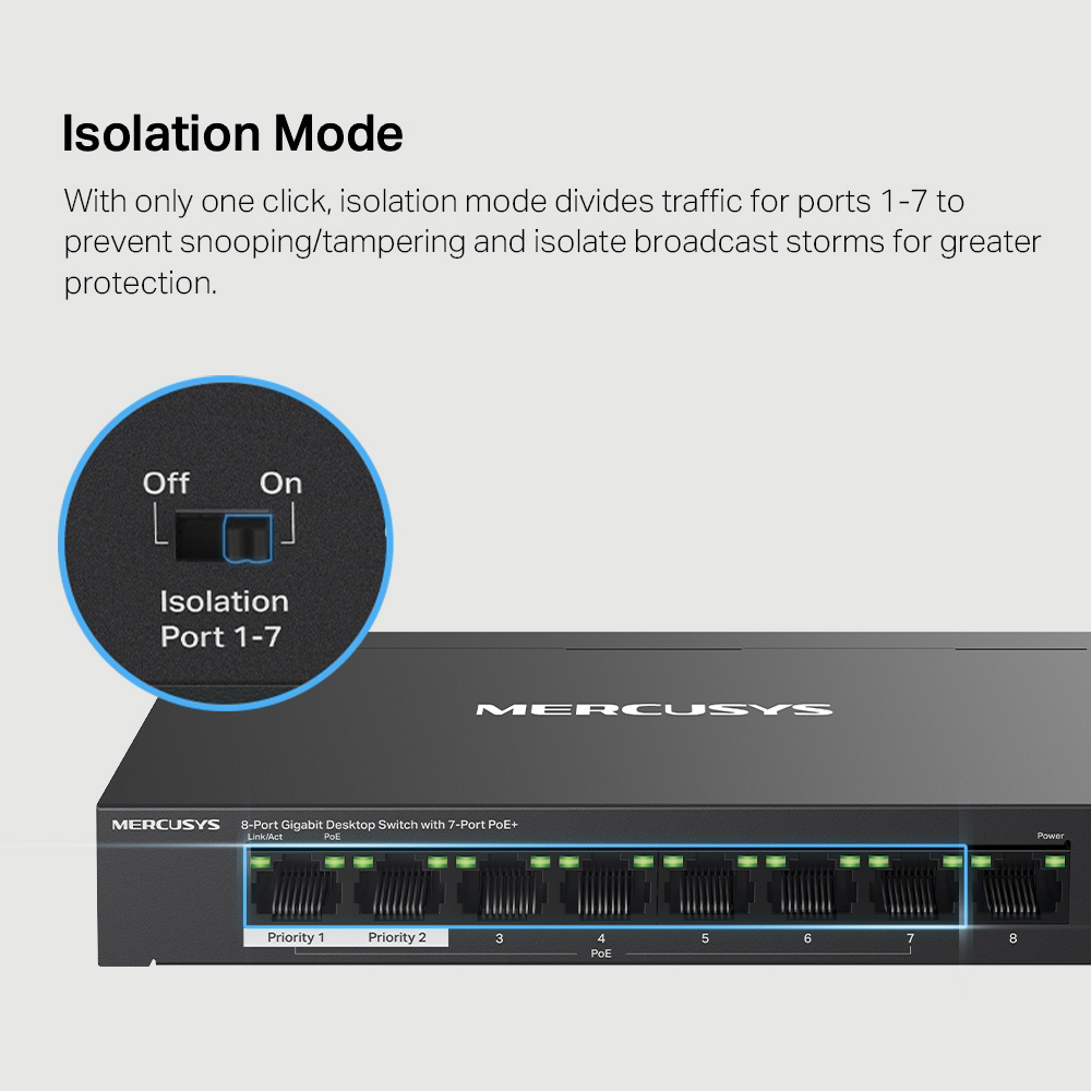 Mercusys 8-Port Gigabit Desktop Switch with 7-Port PoE+ – MS108GP Mercusys 8-Port Gigabit Desktop Switch with 7-Port PoE+ – MS108GP