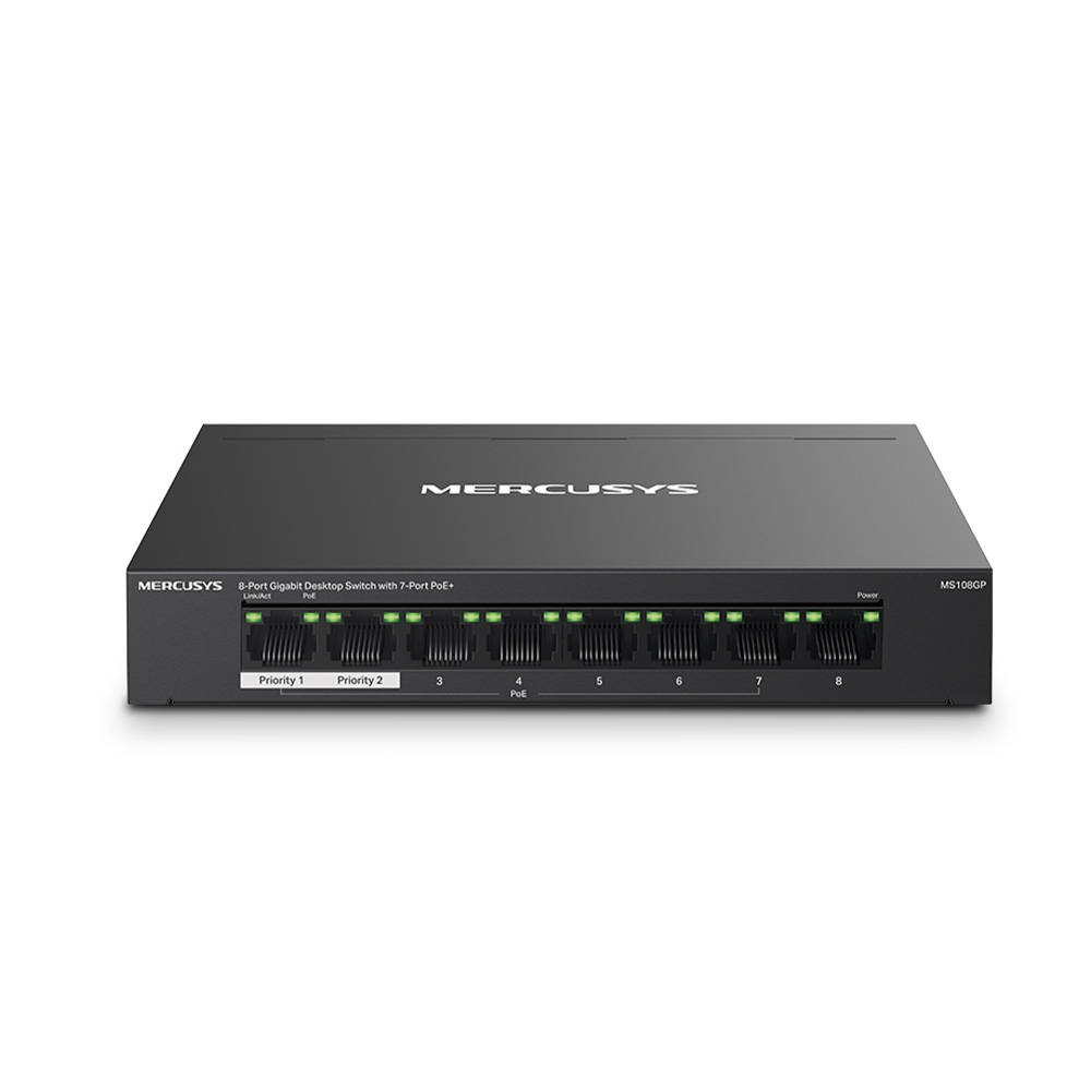 Mercusys 8-Port Gigabit Desktop Switch with 7-Port PoE+ – MS108GP Mercusys 8-Port Gigabit Desktop Switch with 7-Port PoE+ – MS108GP