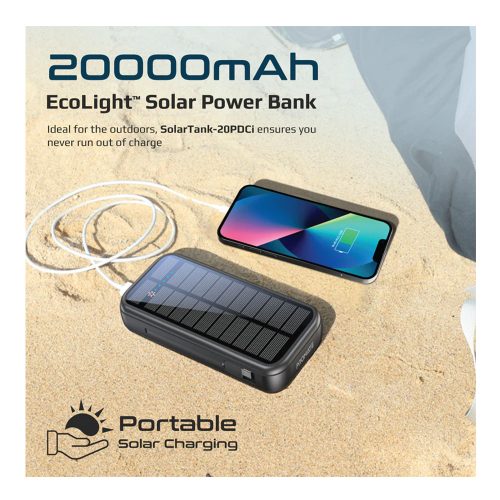 Promate 20000mAh EcoLight Solar Power Bank with Built-in USB & Lightning Cable