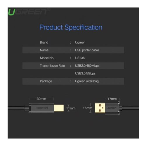 UGREEN USB 2.0 AM To BM Print Cable Gold Plated