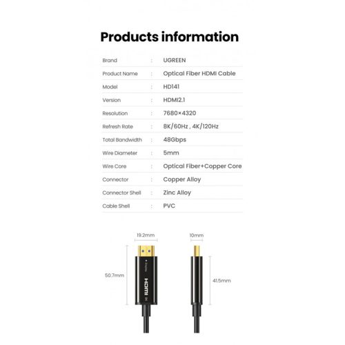 UGREEN HDMI Male To Male Fiber Optic Cable