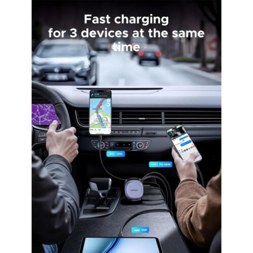 UGREEN 75W 3-Port Fast Car Charger with Retractable Cable