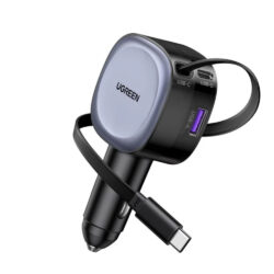UGREEN 75W 3-Port Fast Car Charger with Retractable Cable