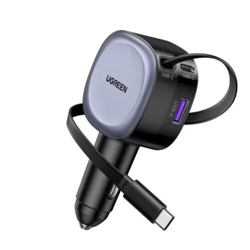 UGREEN 75W 3-Port Fast Car Charger with Retractable Cable
