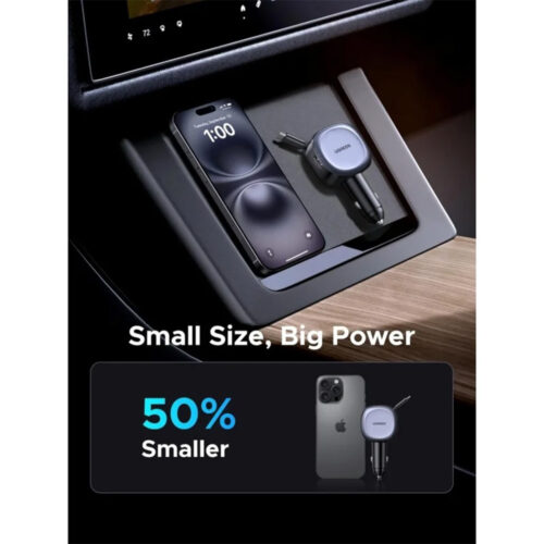 UGREEN 75W 3-Port Fast Car Charger with Retractable Cable