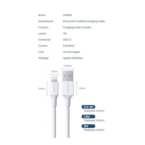 UGREEN MFI, Apple Certified Cable USB To Lightining – 1M