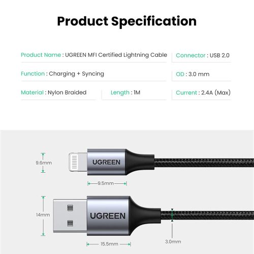 UGREEN USB-A to Lightning 5V/2.4A Fast Cable Aluminium Braid – 1.5m